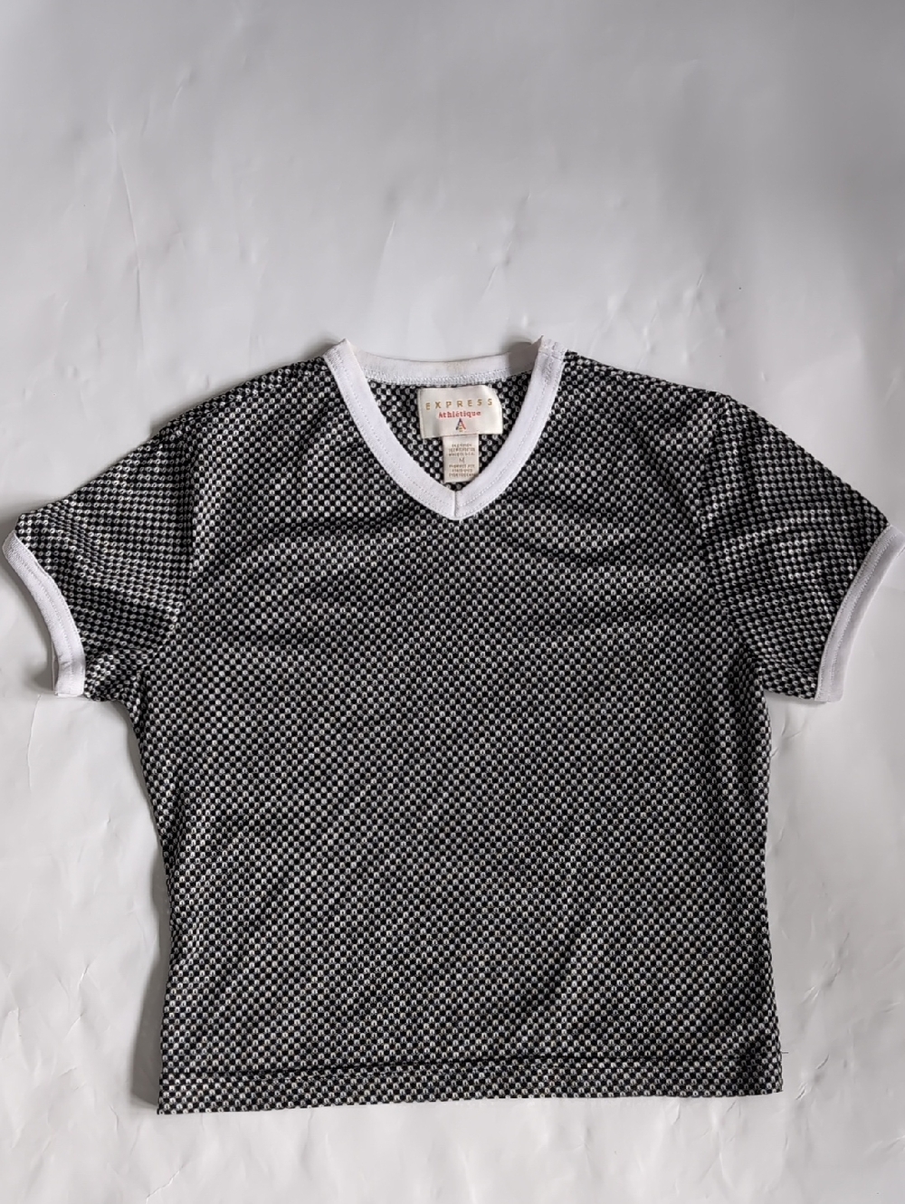Express Black & White Micro-Check V-Neck Tee